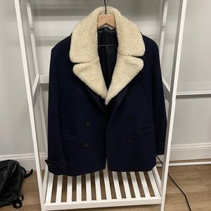 Mens 38R Navy Pea Coat with Faux Sherpa from H&M